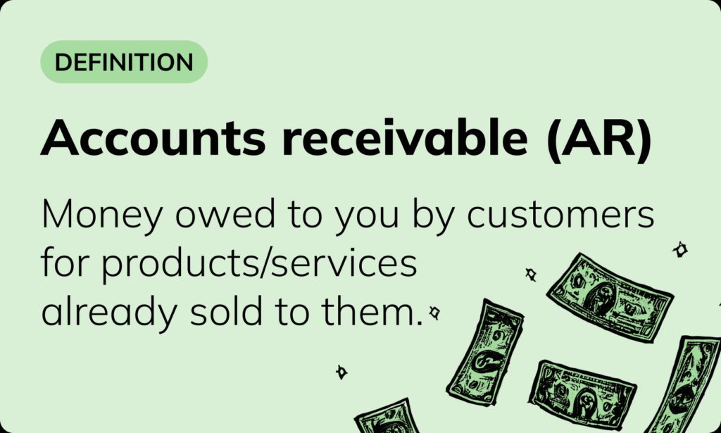 An illustration defining accounts receivable (AR) as money owed by customers for products or services already sold to them. Several dollar bills are scattered across the image, symbolizing outstanding payments.