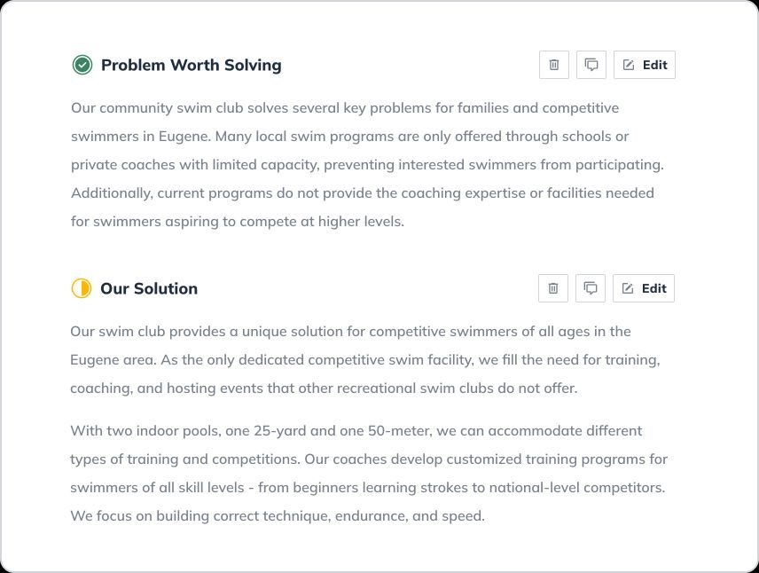 Problem Worth Solving section for Pools &amp; Laps Club. It identifies issues such as limited capacity in local swim programs and lack of coaching expertise for higher-level competition. The club aims to address these problems for families and competitive swimmers.