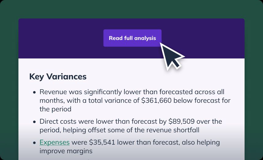 Screenshot of an AI-powered Monthly Review feature within LivePlan, showing a section titled 'Key Variances'. The section highlights three points: revenue being significantly lower than forecasted with a variance of $361,660 below forecast, direct costs being lower than forecast by $89,509, and expenses being $35,541 lower than forecast, helping improve margins. At the top of the section is a button labeled 'Read full analysis' with a cursor pointing to it, indicating the option to expand for a detailed analysis of business performance."