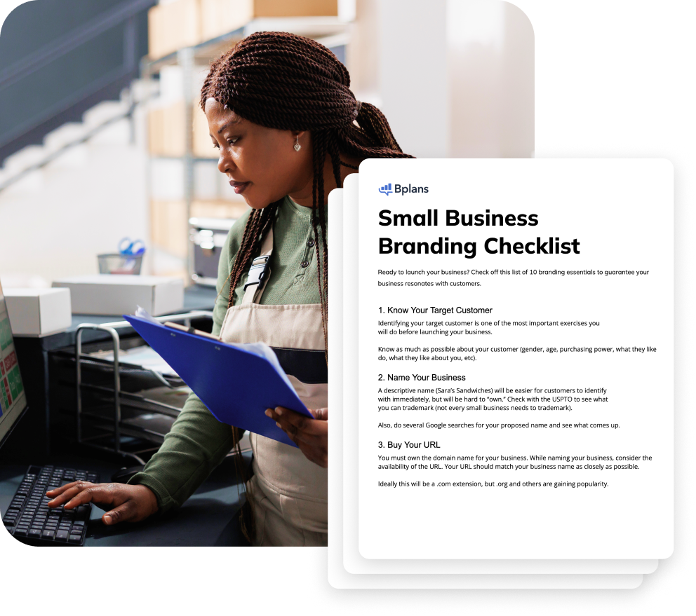 Woman working at computer with clipboard and example Branding Checklist