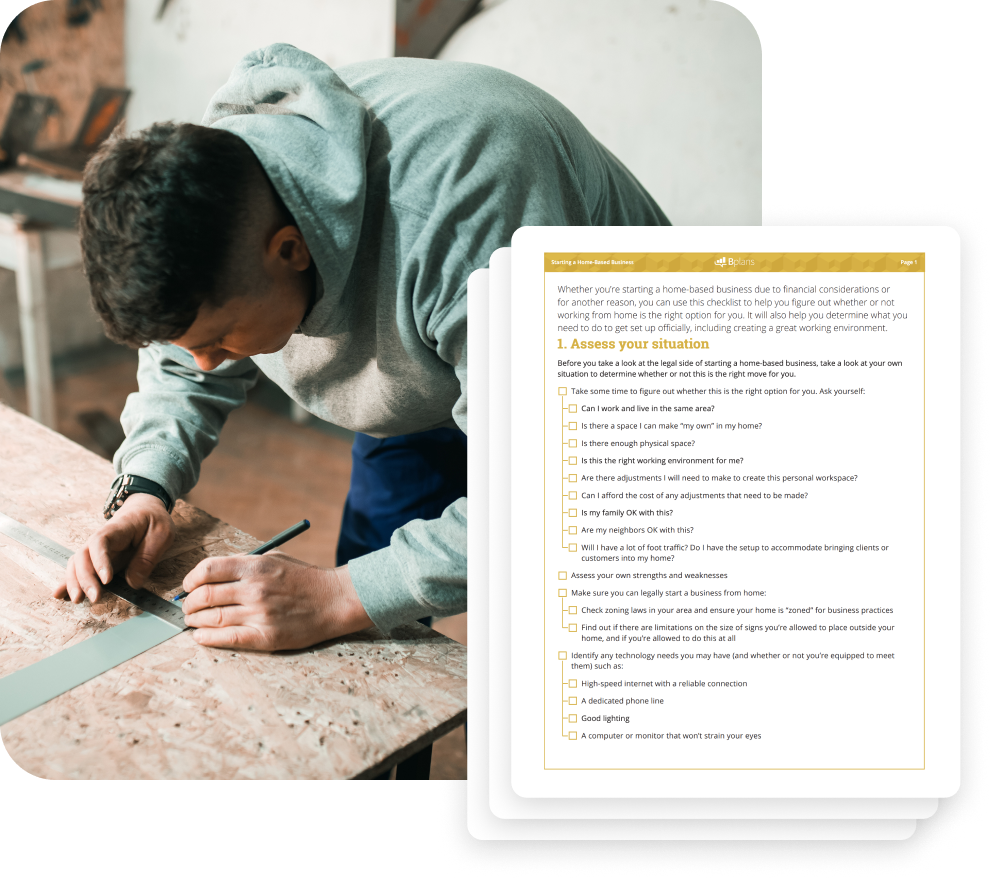 Man working at saw table with example home based business checklist